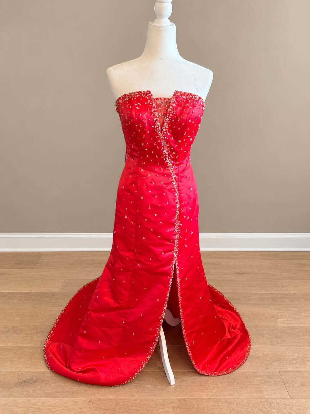 Red Beaded Strapless Mermaid Prom Dress